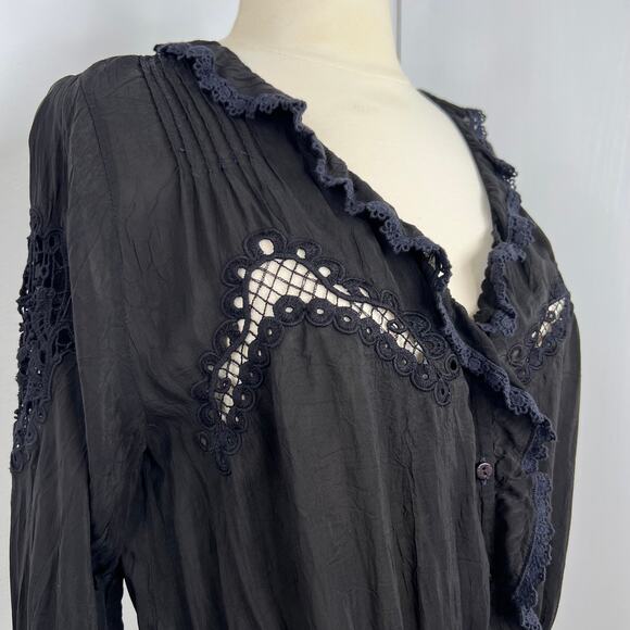 JohnnyWas Women's Sheer Blouse Black Lace Ruffle Neckline Button Down Size Small - Picture 6 of 16